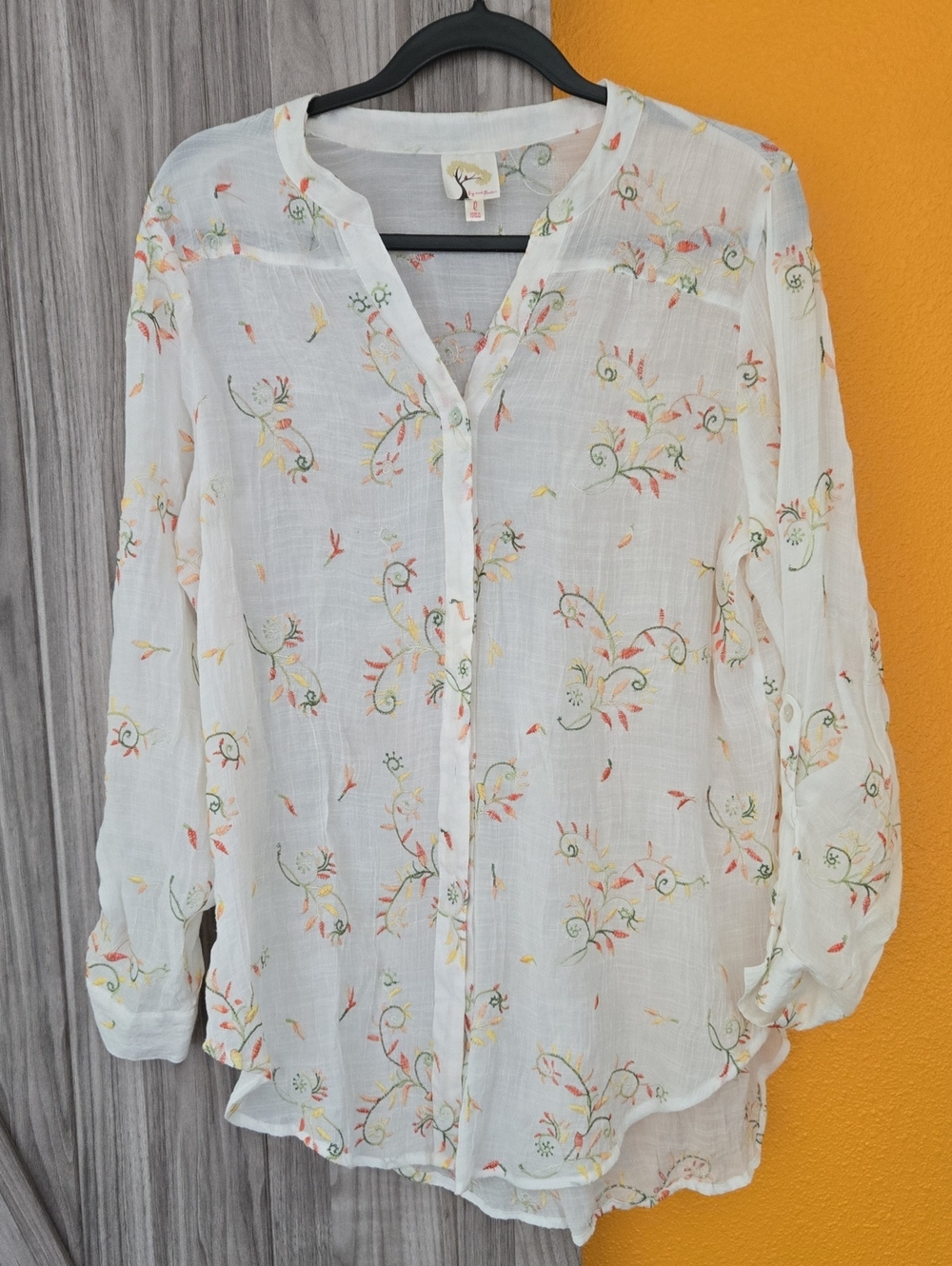 fig and flower White Sheer Button-Front Tunic with Multicolor Floral Embroidery
